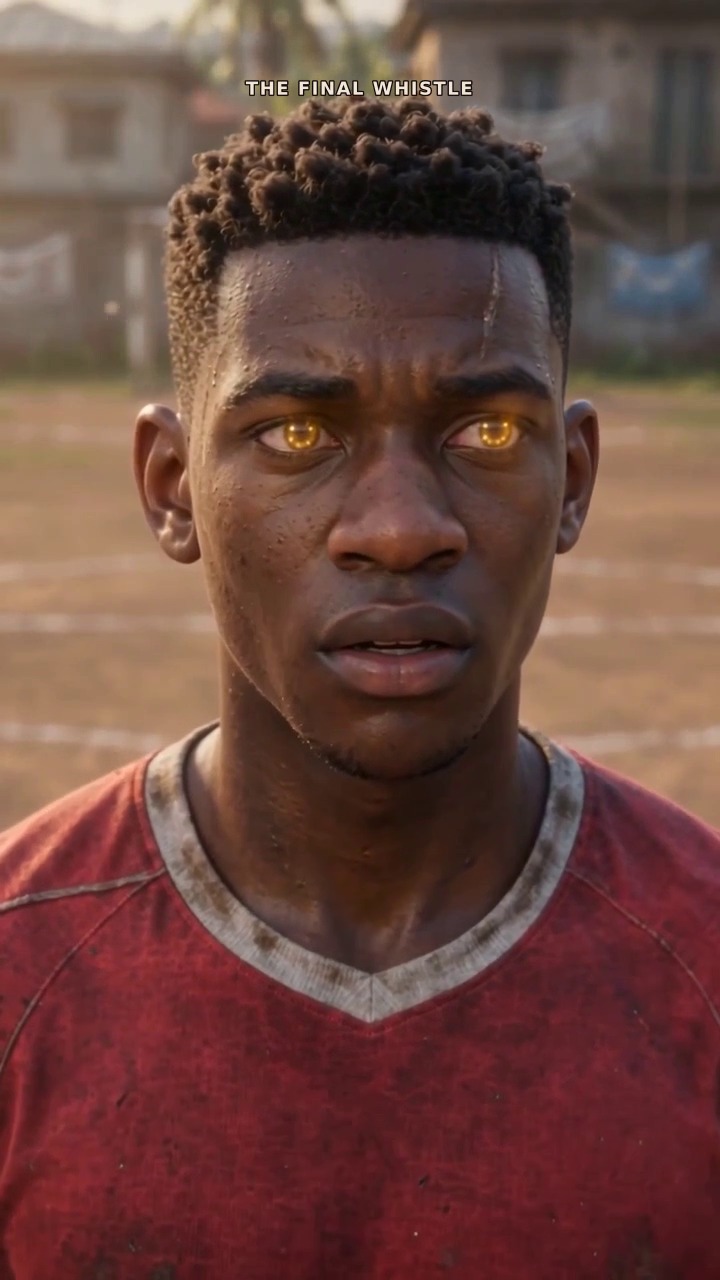 Emeka on a Lagos football pitch, his eyes glowing gold